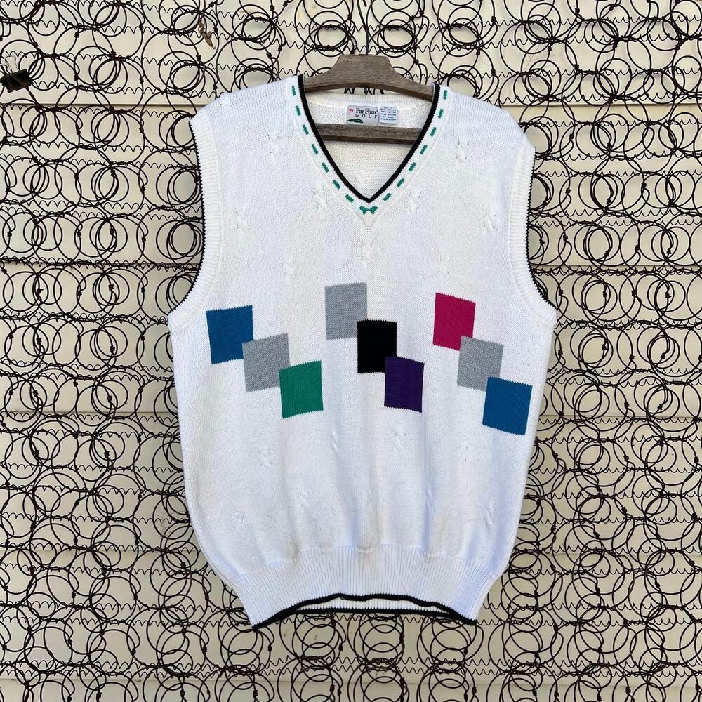 Vintage Par Four preppy diamond square golf sweater sleeveless vest LARGE